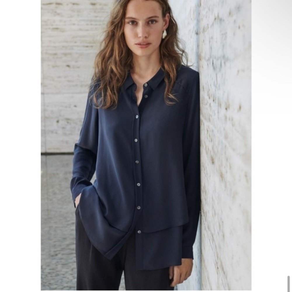 Poetry Shirt Womens 18 Navy Blue Silk Layered Hem Iridescent Buttons Long Sleeve